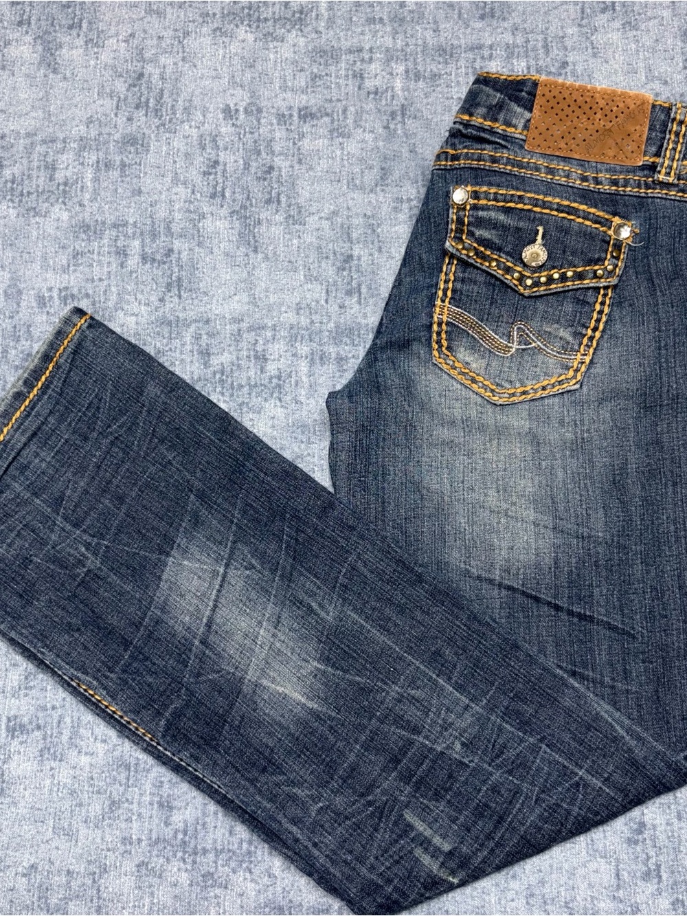 Almost Famous Dark Blue Slim Straight Jeans with Tan Patch